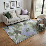 5' X 8' Olive Green Ivory And Lavender Floral Washable Area Rug With UV Protection
