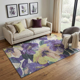 5' X 8' Purple Green And Ivory Floral Washable Area Rug With UV Protection