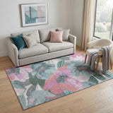 5' X 8' Teal Blush And Ivory Floral Washable Area Rug With UV Protection