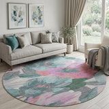 8' X 8' Teal Blush And Ivory Floral Washable Round Rug With UV Protection