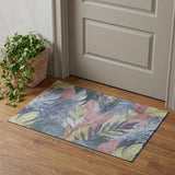 3' X 5' Denim Blue Mauve And Gold Floral Washable Area Rug With UV Protection