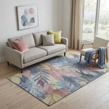 5' X 8' Denim Blue Mauve And Gold Floral Washable Area Rug With UV Protection