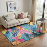 5' X 8' Sky Blue Pink And Gold Floral Washable Area Rug With UV Protection