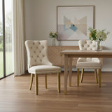 Set of Two Beige And Gold And White Tufted Velvet Dining Side Chairs