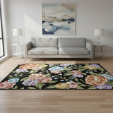 5' X 7' Black Green And Orange Floral Washable Area Rug