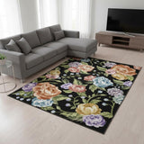 6' X 9' Black Green And Orange Floral Washable Area Rug