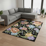 8' X 10' Black Green And Orange Floral Washable Area Rug
