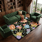 9' X 12' Black Green And Orange Floral Washable Area Rug