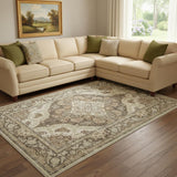 9' X 12' Brown Beige And Ivory Medallion Washable Area Rug