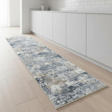 8' Blue And Ivory Abstract Washable Runner Rug