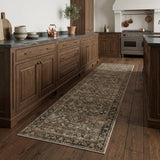 8' Brown Ivory And Tan Floral Medallion Washable Runner Rug