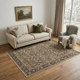 5' X 7' Brown Ivory And Tan Floral Medallion Washable Area Rug