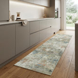 8' Ivory Light Green And Blue Abstract Washable Runner Rug