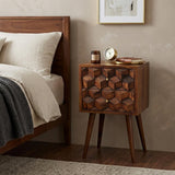 24" Brown Solid Wood Carved Geometric Two Drawer Nightstand