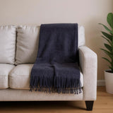 55" X 70" Navy Blue Cotton Blend Plush Throw Blanket with Fringe