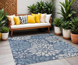 5' Navy Blue And Aqua Square Floral Indoor Outdoor Area Rug