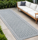 10' Teal Blue And Gray Moroccan Indoor Outdoor Runner Rug