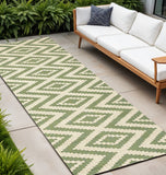 10' Green And Cream Moroccan Indoor Outdoor Runner Rug