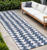 8' Ivory And Blue Geometric Indoor Outdoor Runner Rug