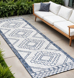 8' Ivory And Blue Moroccan Indoor Outdoor Runner Rug