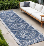 10' Blue And Ivory Moroccan Indoor Outdoor Runner Rug