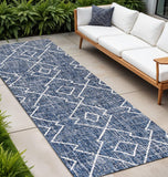 8' Blue And Ivory Trellis Indoor Outdoor Runner Rug