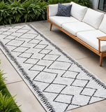 8' Ivory And Black Trellis Indoor Outdoor Runner Rug