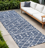 8' Blue And Ivory Trellis Indoor Outdoor Runner Rug