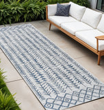 8' Ivory And Blue Trellis Indoor Outdoor Runner Rug