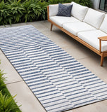 8' Ivory And Blue Striped Indoor Outdoor Runner Rug