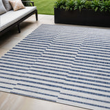 5' X 8' Ivory And Blue Striped Indoor Outdoor Area Rug
