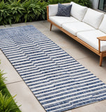 10' Blue And Ivory Striped Indoor Outdoor Runner Rug