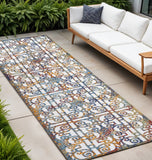 8' Cream Blue And Orange Trellis Indoor Outdoor Runner Rug