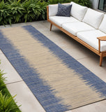 8' Blue And Beige Striped Indoor Outdoor Runner Rug