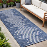 8' Blue And Ivory Striped Indoor Outdoor Runner Rug