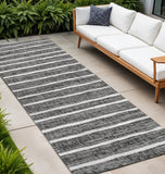 10' Black And Ivory Striped Indoor Outdoor Runner Rug