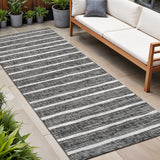 8' Black And Ivory Striped Indoor Outdoor Runner Rug