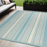 5' X 8' Aqua And Beige Striped Indoor Outdoor Area Rug
