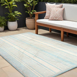 8' X 10' Aqua And Beige Striped Indoor Outdoor Area Rug