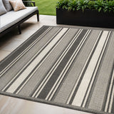 5' X 8' Black And Cream Striped Indoor Outdoor Area Rug