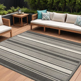 8' X 10' Black And Cream Striped Indoor Outdoor Area Rug