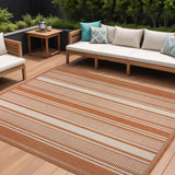 8' X 10' Orange And Cream Striped Indoor Outdoor Area Rug