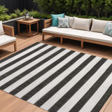 8' X 10' Black And Cream Striped Indoor Outdoor Area Rug