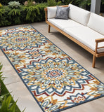 8' Red Blue And Yellow Medallion Indoor Outdoor Runner Rug