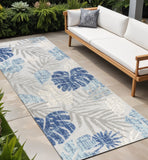 8' Light Gray And Navy Blue Floral Indoor Outdoor Runner Rug
