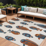8' X 10' Navy Blue Orange And Cream Animal Print Indoor Outdoor Area Rug