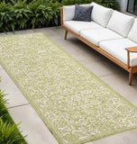 10' Green And Cream Medallion Indoor Outdoor Runner Rug