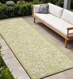 8' Green And Cream Medallion Indoor Outdoor Runner Rug