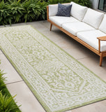 8' Green And Cream Medallion Indoor Outdoor Runner Rug