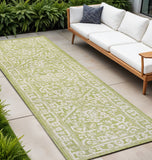 8' Green And Cream Medallion Indoor Outdoor Runner Rug